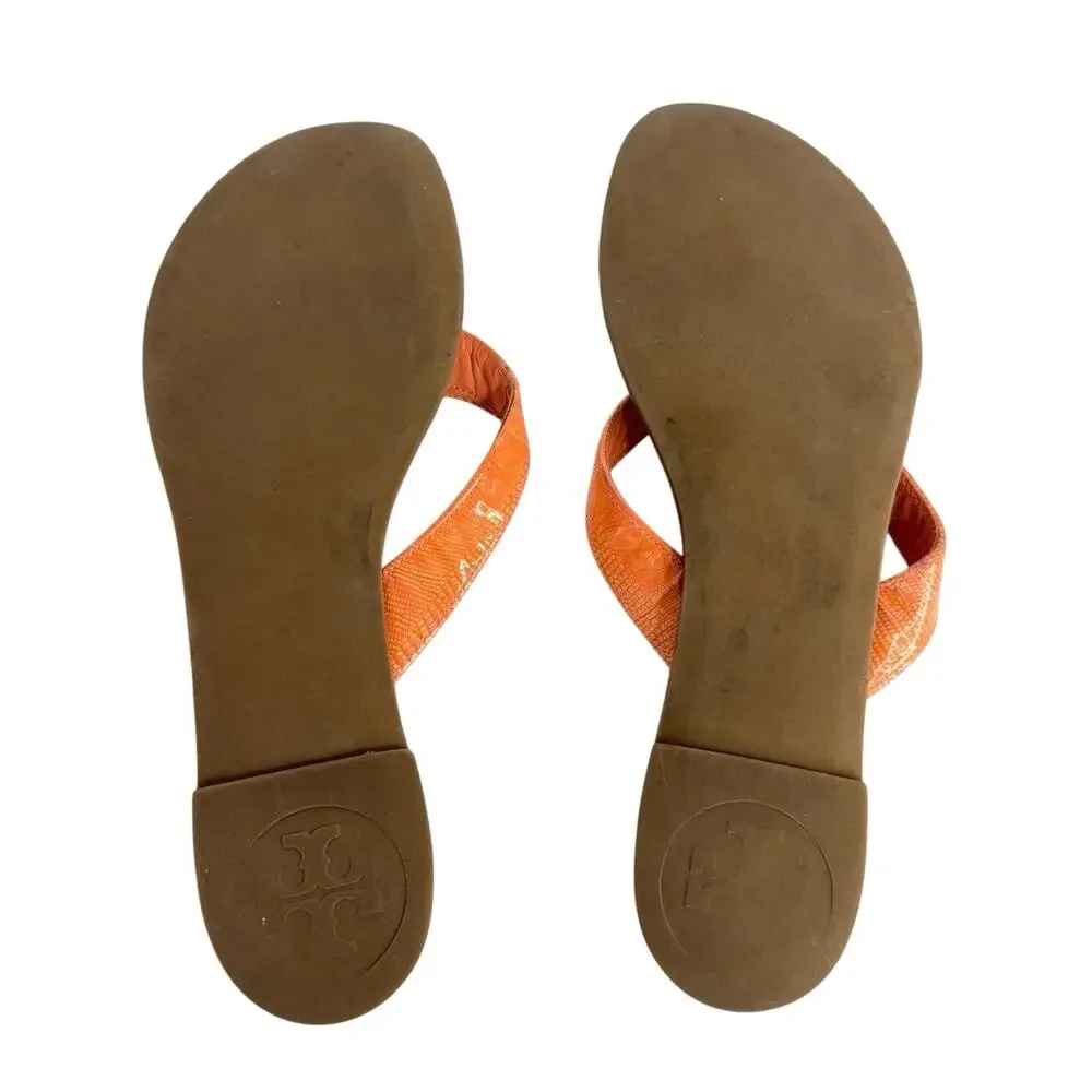 Tory Burch Thora Logo Orange Leather Thong Flip-Flop Flat Sandal Women's Size 9